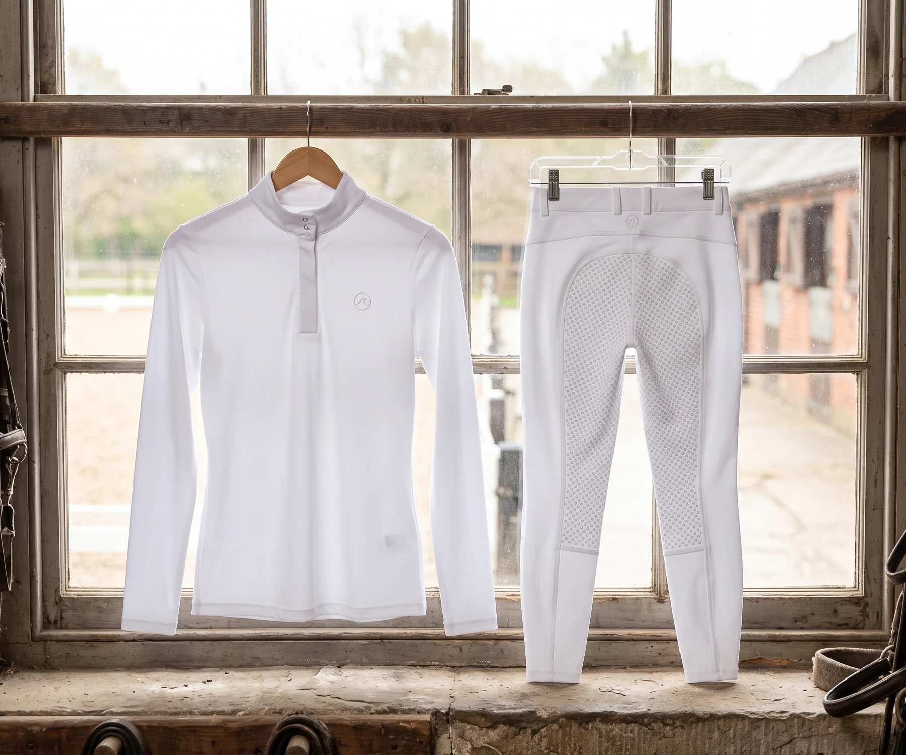 Camisa de concurso blanca y breeches blancos colgados uno al lado del otro