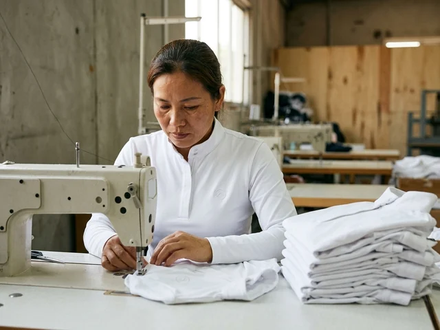 Costurera cosiendo el cuello de una camisa blanca