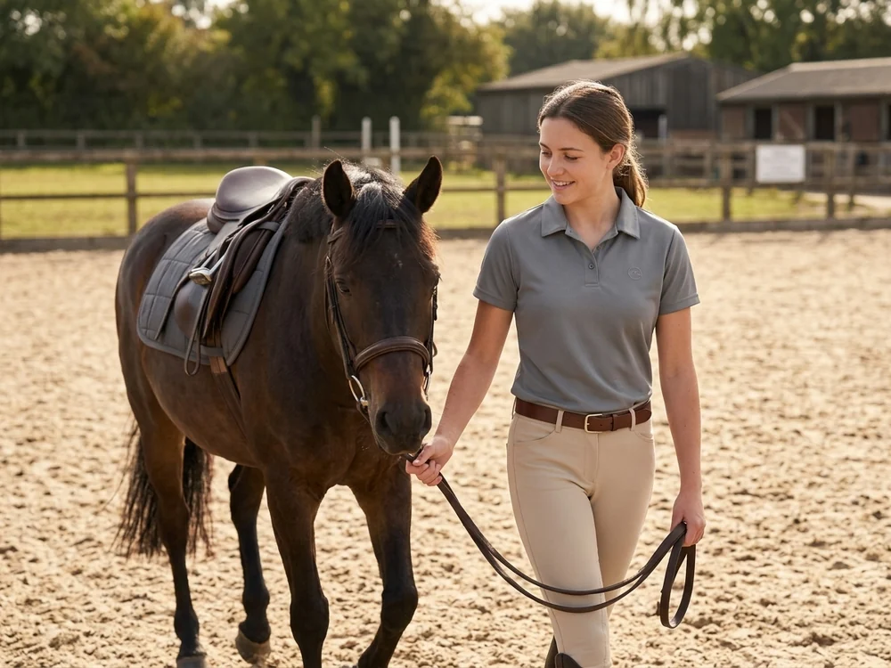 Alumna de una escuela de equitación con el polo de entrenamiento RE-PC-01 en la pista
