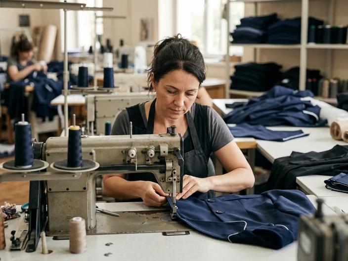 Costurera cosiendo la solapa de una chaqueta