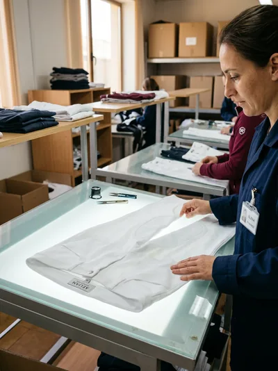 Control de calidad: inspectora revisando un pantalón de montar terminado