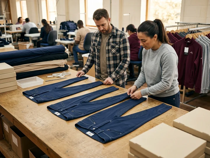 Pantalón de montar del pedido junto a la muestra en la mesa de control