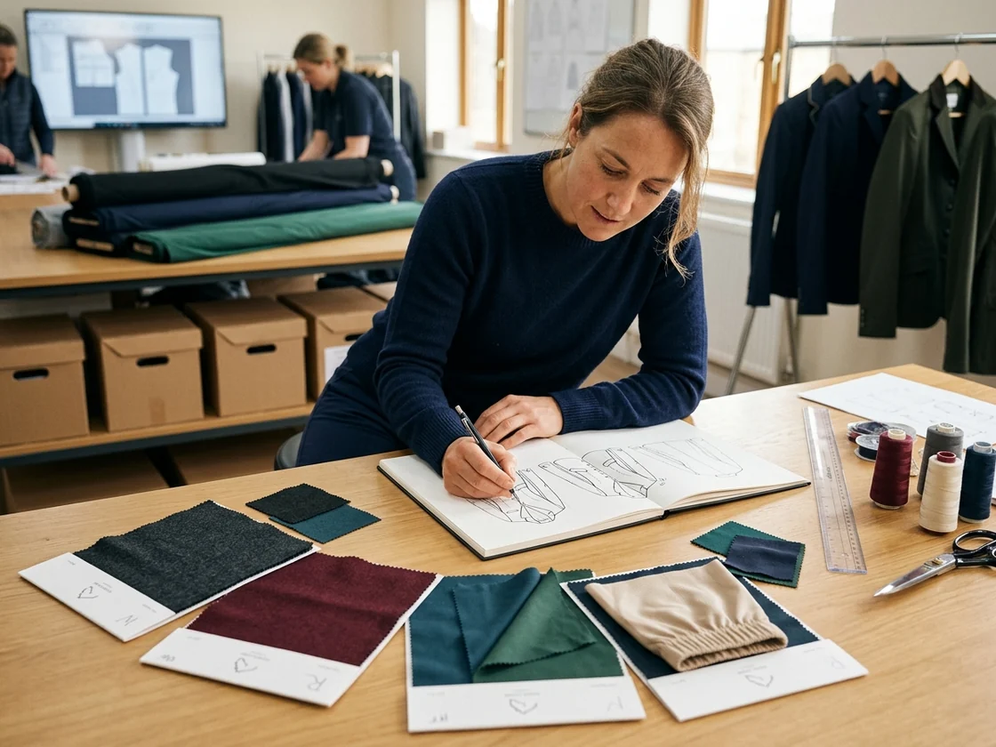 Diseñadora con bocetos de ropa de montar y muestras de tejido