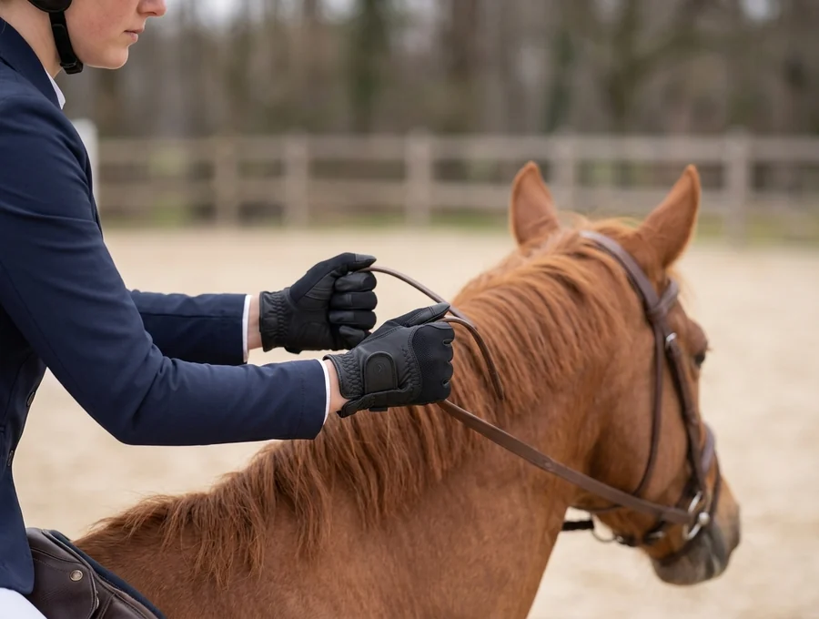 Jinete con la muestra de guantes y las riendas en la mano