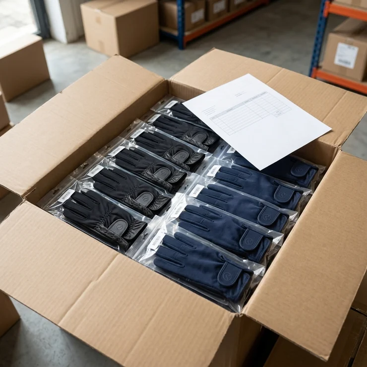 Caja con los pares embolsados y la lista de embalaje