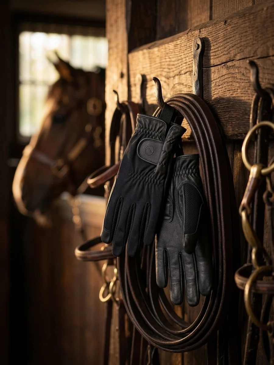 Guantes colgados sobre las riendas en el guadarnés con luz cálida