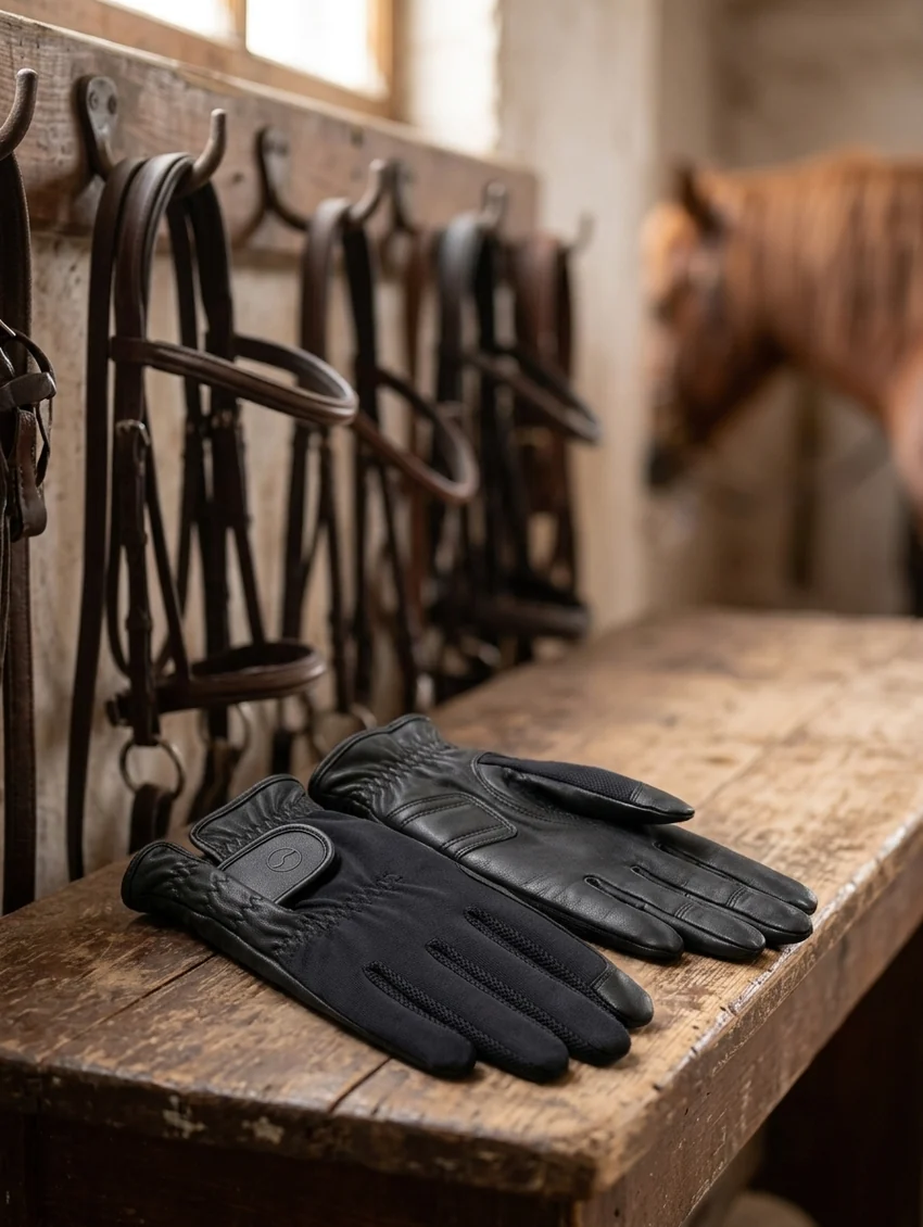 Un par de guantes de piel RE-AC-01 sobre un banco de madera del guadarnés