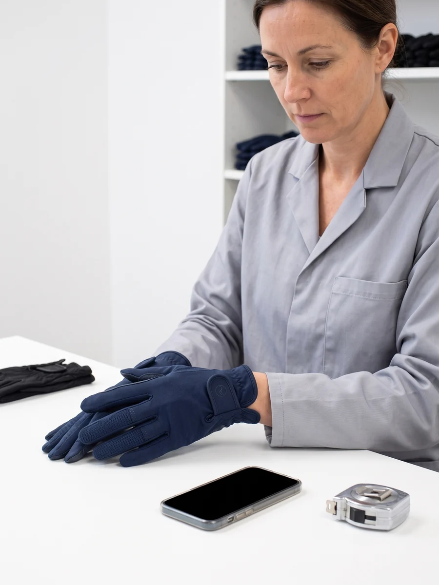 Inspectora comprobando la simetría de un par de guantes palma con palma