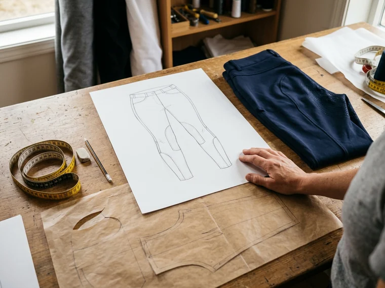 Boceto de un pantalón de montar junto a una prenda de referencia en la mesa de patronaje