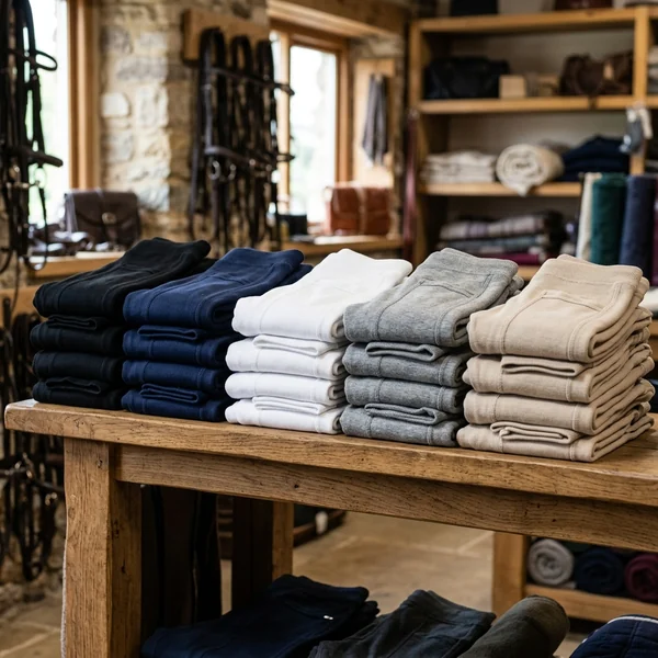 Estante de una tienda hípica con mallas dobladas en varios colores