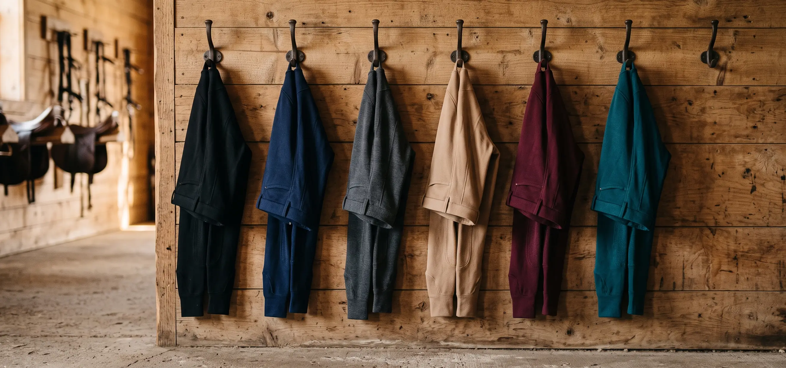 Mallas de varios colores colgadas en ganchos de un guadarnés