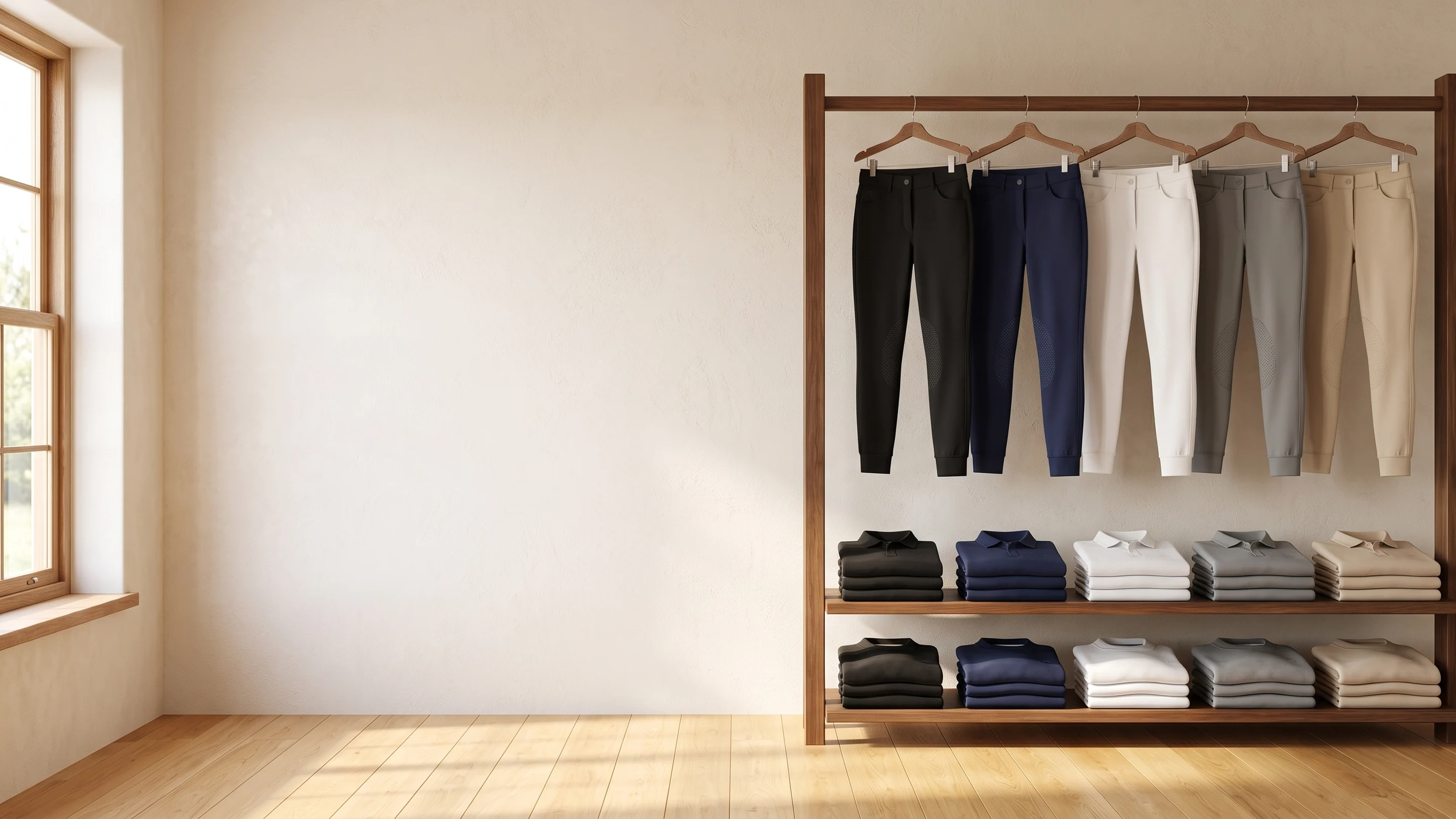 Interior de una tienda hípica con breeches en cinco colores colgados y polos doblados en los estantes