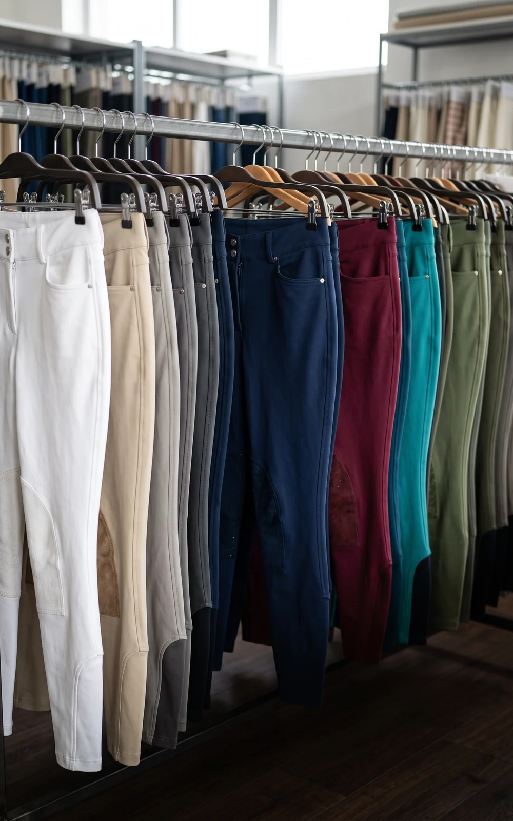Perchero de muestras con breeches de muchos colores