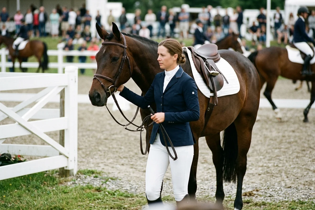 Jinete con breeches blancos, camisa blanca y chaqueta de concurso en la entrada de la pista