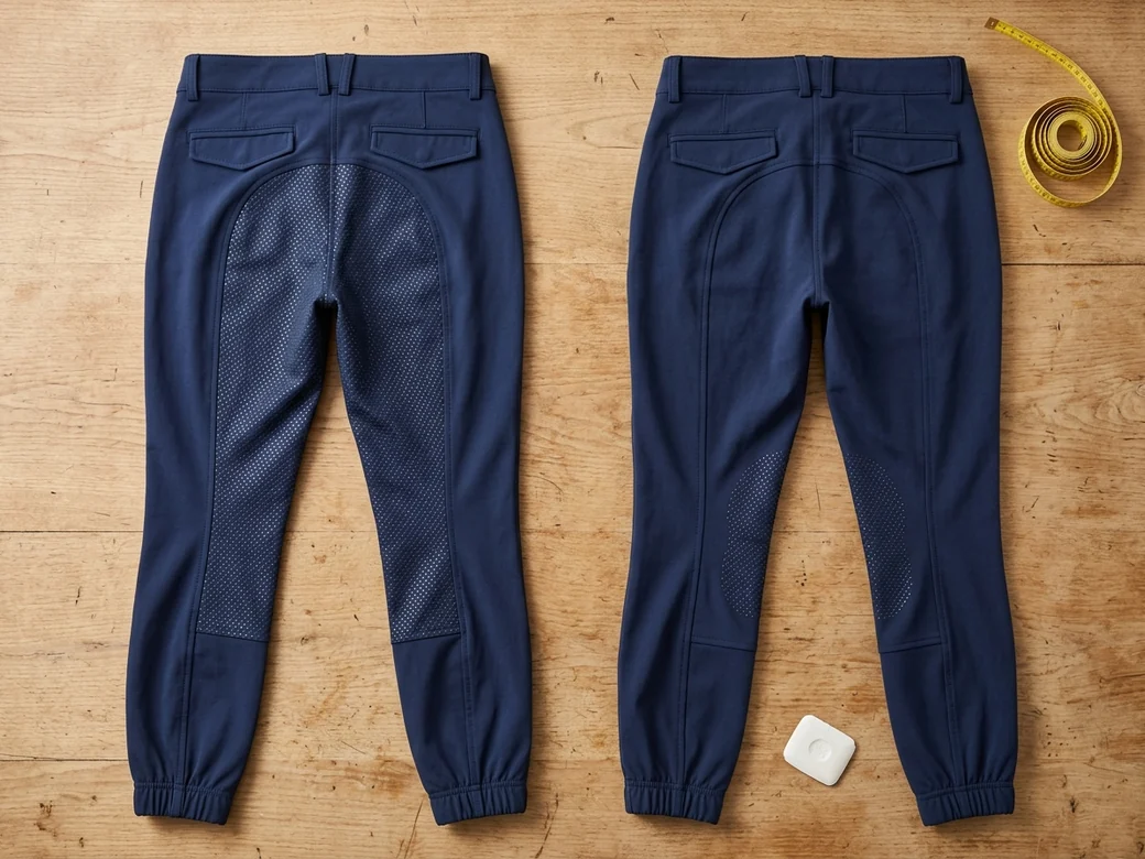 El mismo modelo de breeches en full grip y en knee grip sobre la mesa de corte