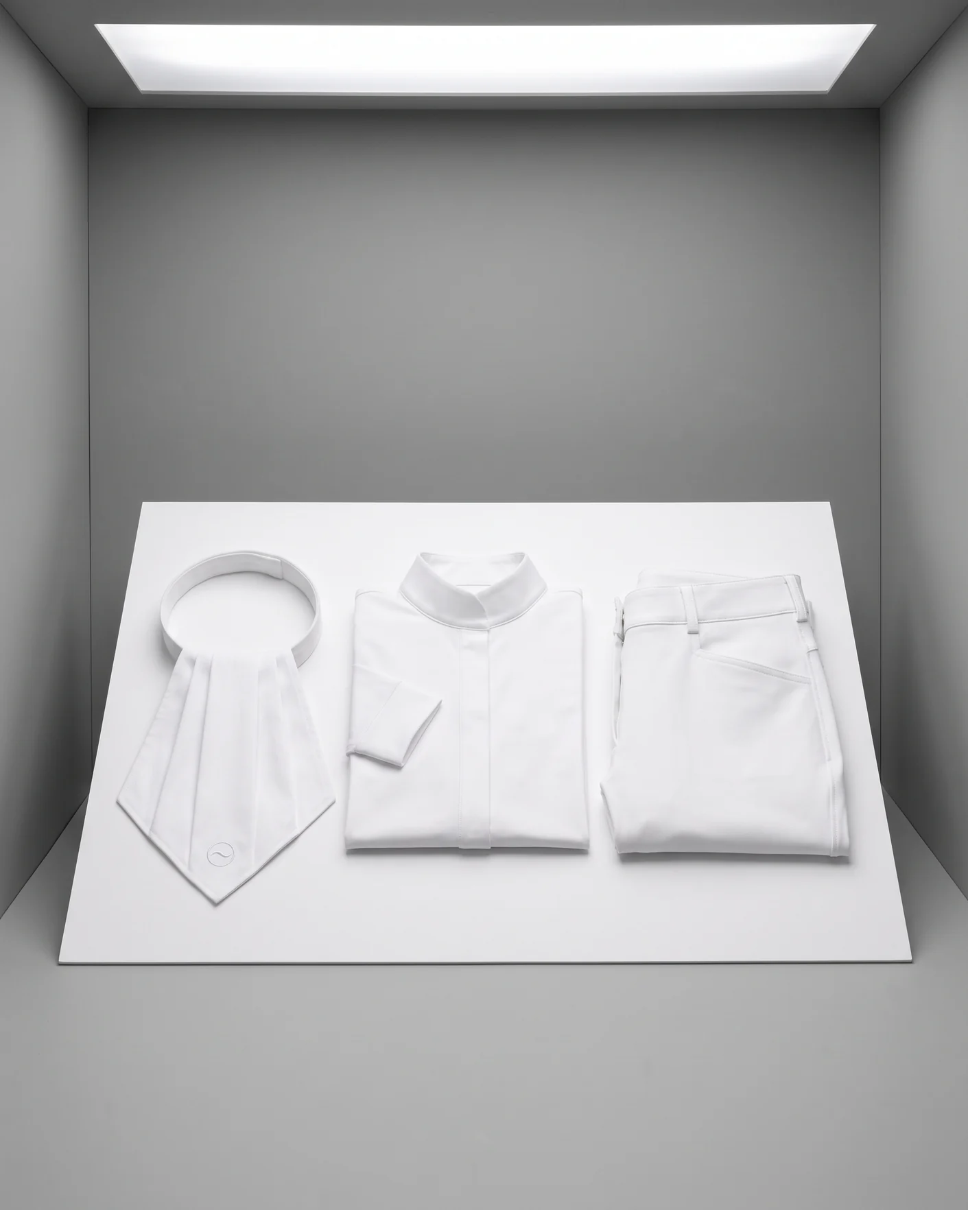 Plastrón, camisa de concurso y breeches blancos uno junto al otro en la cabina de luz