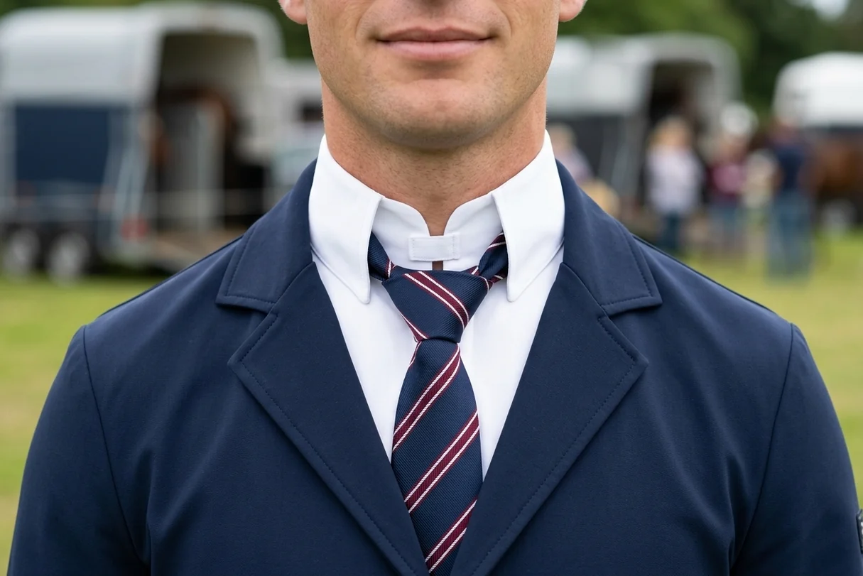 Corbata de concurso azul marino con rayas de club sobre el cuello alto blanco