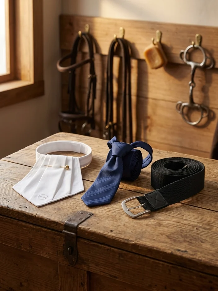Plastrón, corbata y cinturón sobre la tapa de un baúl del guadarnés