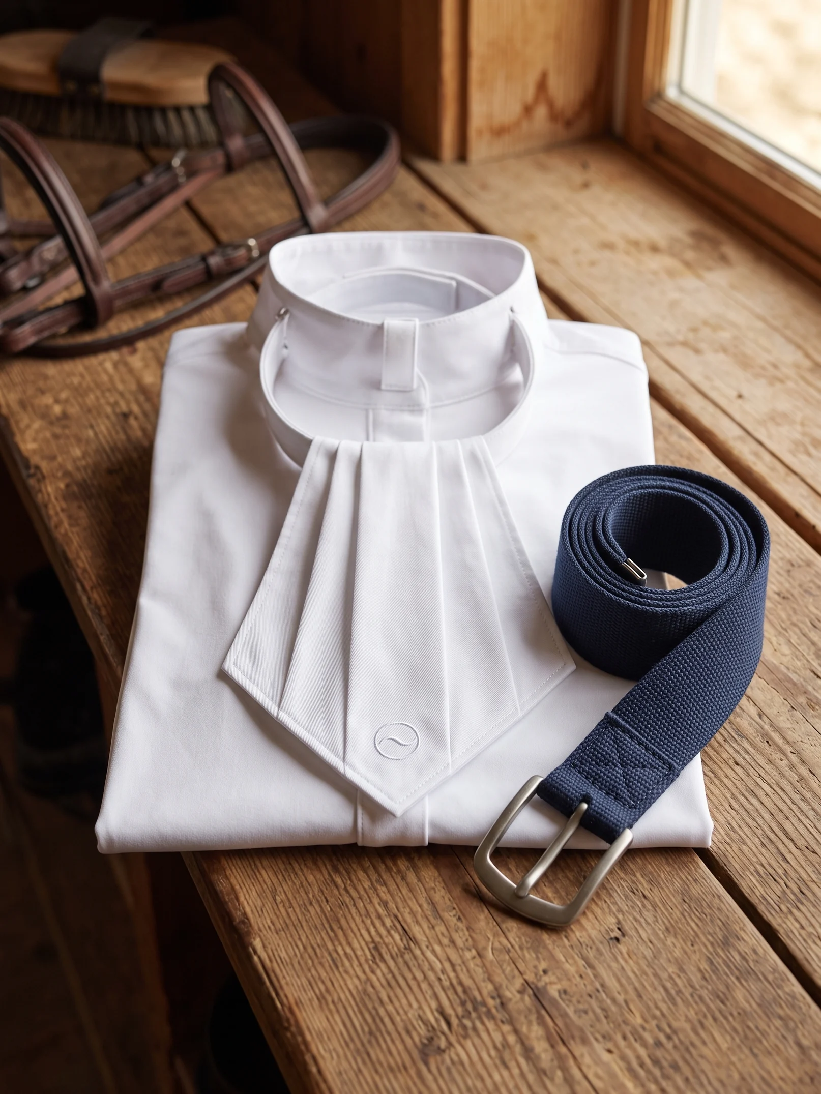 Camisa de concurso doblada con un plastrón blanco y un cinturón enrollado sobre el banco del guadarnés