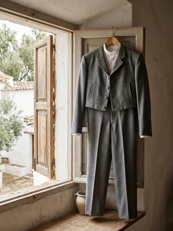 Chaquetilla y pantalón del mismo traje colgados juntos a la luz natural de una ventana