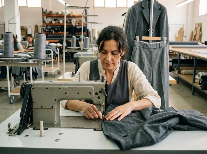 Una costurera cose la costura central de la espalda de una chaquetilla