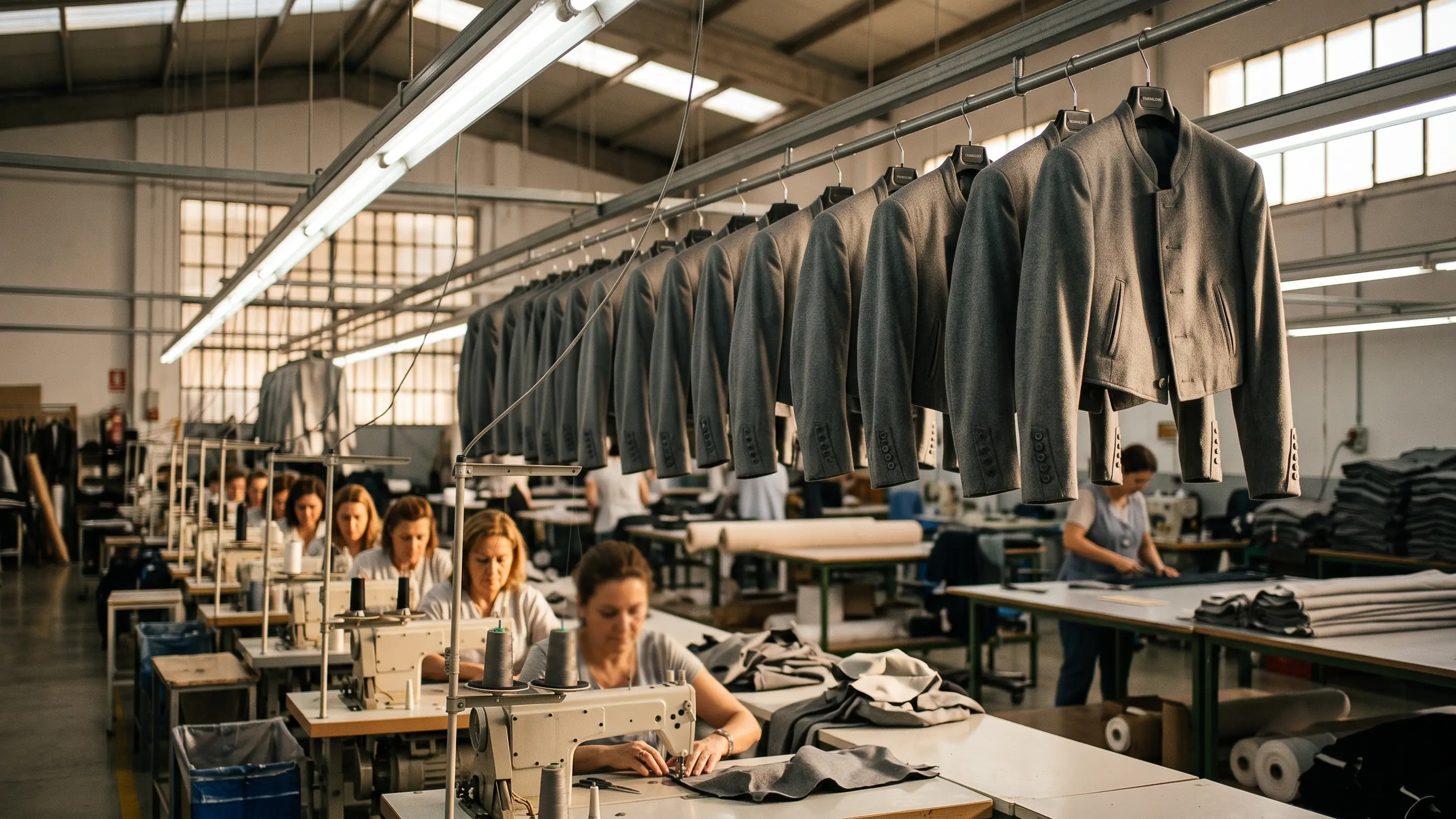 Línea de confección con chaquetillas camperas grises colgadas