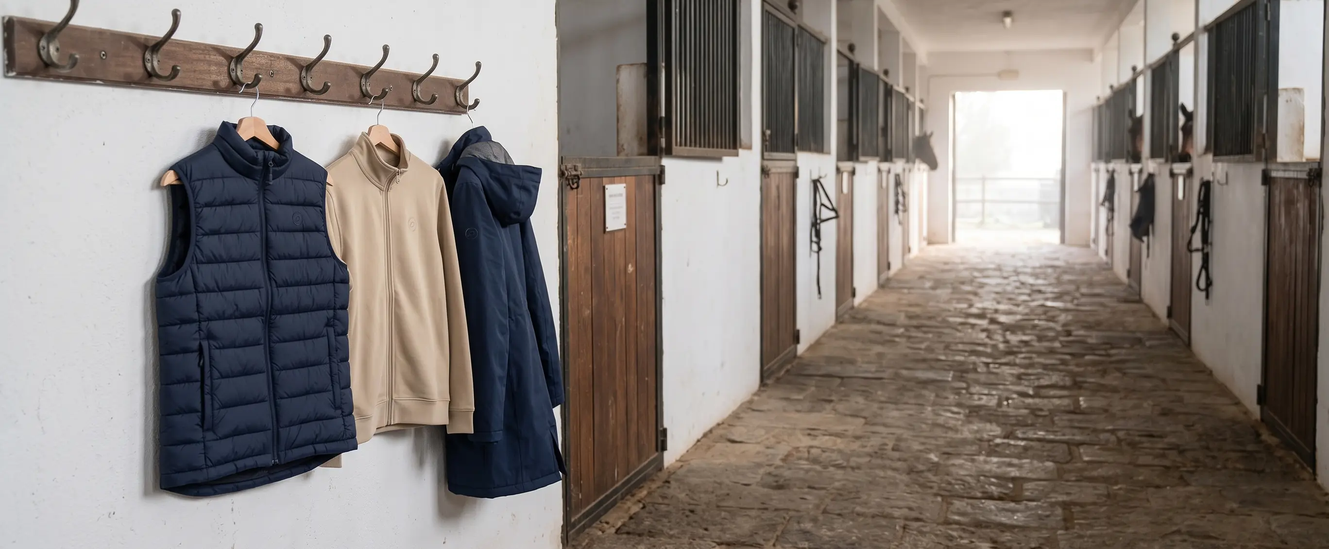 Pasillo de cuadra en invierno con chalecos, sudaderas y chaquetas colgados