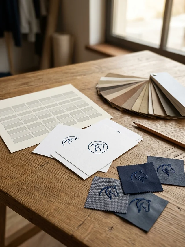 Tabla de tallas impresa, logo impreso y carta de colores sobre una mesa