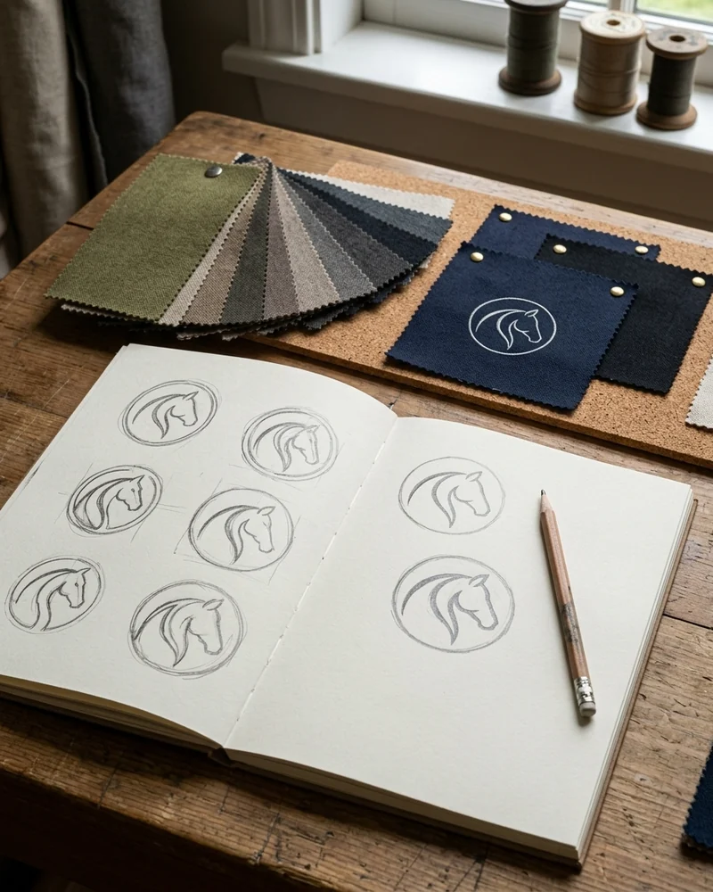 Cuaderno con bocetos del logo de una marca ecuestre y una carta de colores