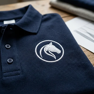 Logo bordado en el pecho de un polo de competición