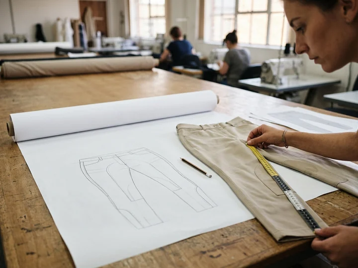 Boceto a lápiz de unos breeches junto a una prenda de referencia y una cinta métrica