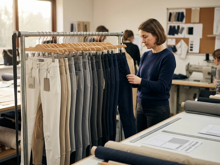 Barra de la sala de muestras con modelos base de breeches colgados