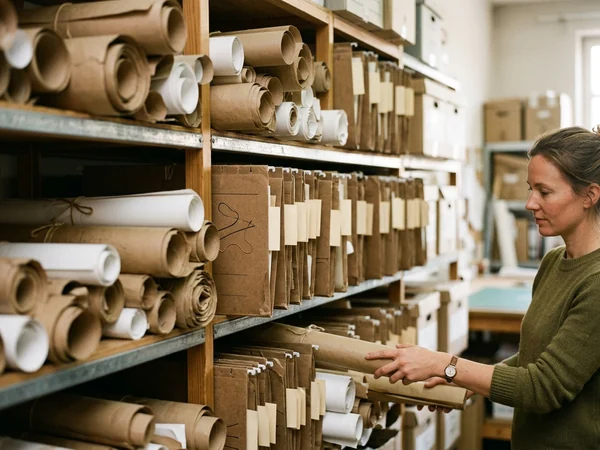 Archivo con patrones enrollados y carpetas de fichas técnicas