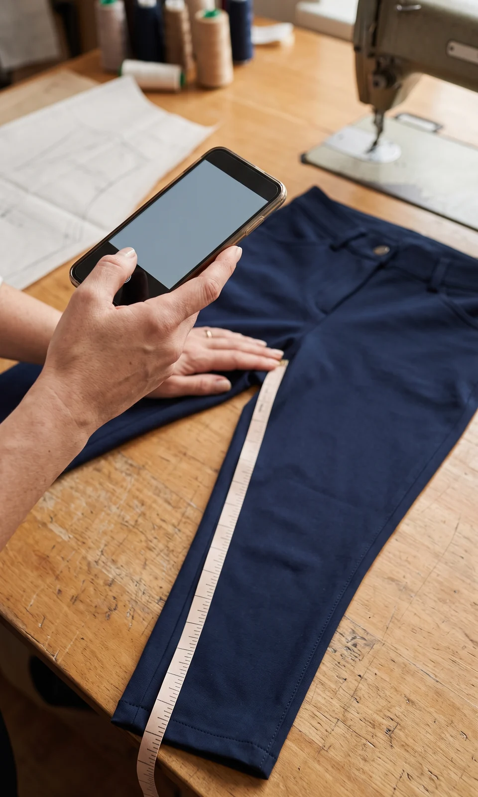 Muestra de breeches sobre la mesa de corte con una cinta métrica y un teléfono haciendo la foto
