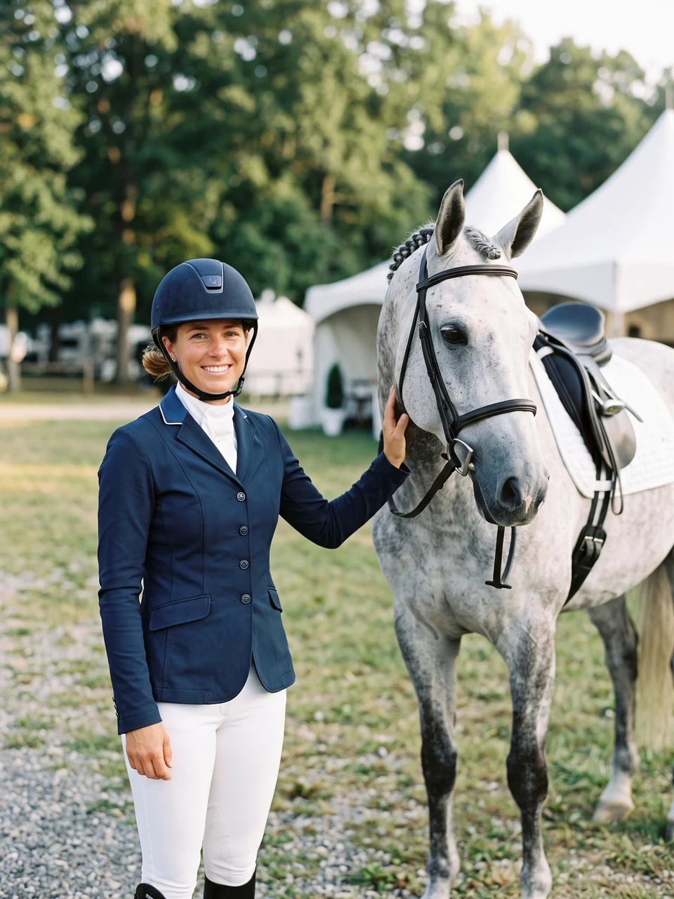Amazona con chaqueta de concurso azul marino junto a su caballo