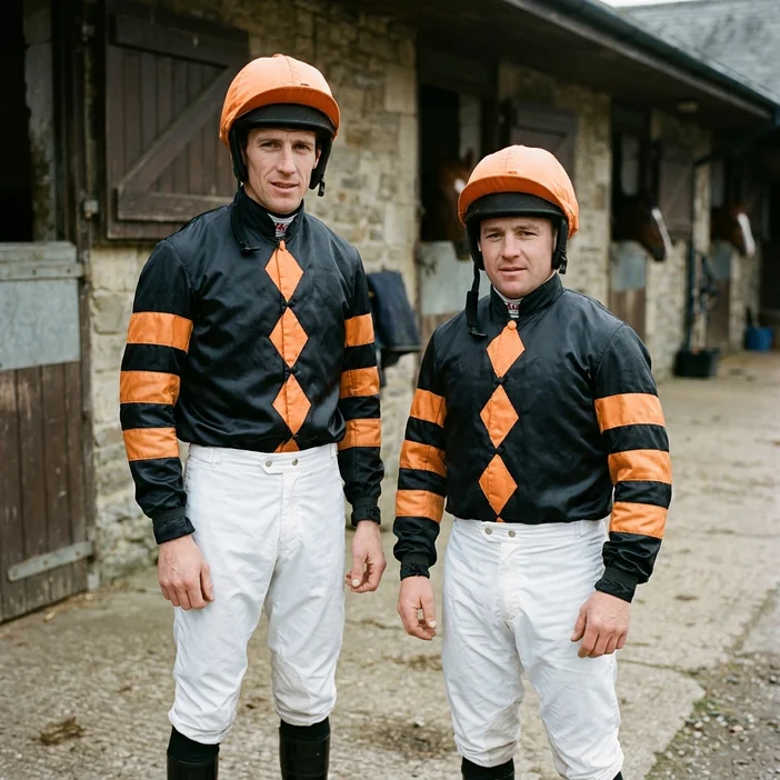 Dos jockeys con la misma chaquetilla de la cuadra
