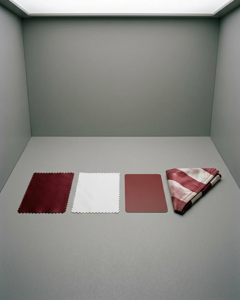 Lab dips de la cuadra granate y blanco junto a la referencia en la cabina de luz