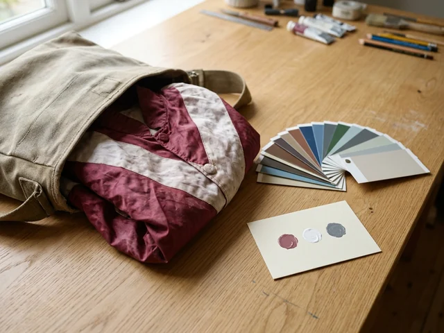 Chaquetilla antigua de un propietario y carta de colores sobre la mesa de desarrollo