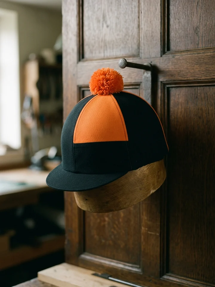 Funda de casco en los colores de la cuadra, con visera y borla