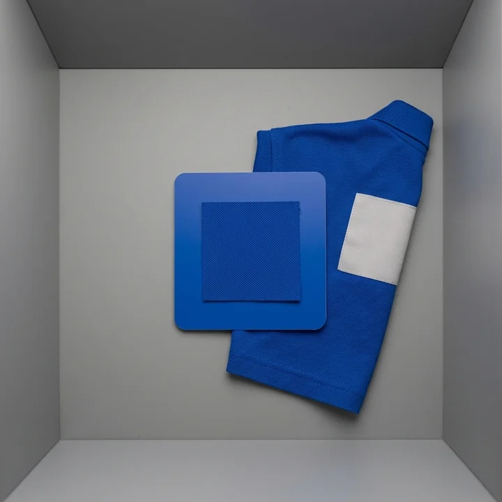 Lab dip azul cobalto junto a la referencia del equipo en la cabina de luz