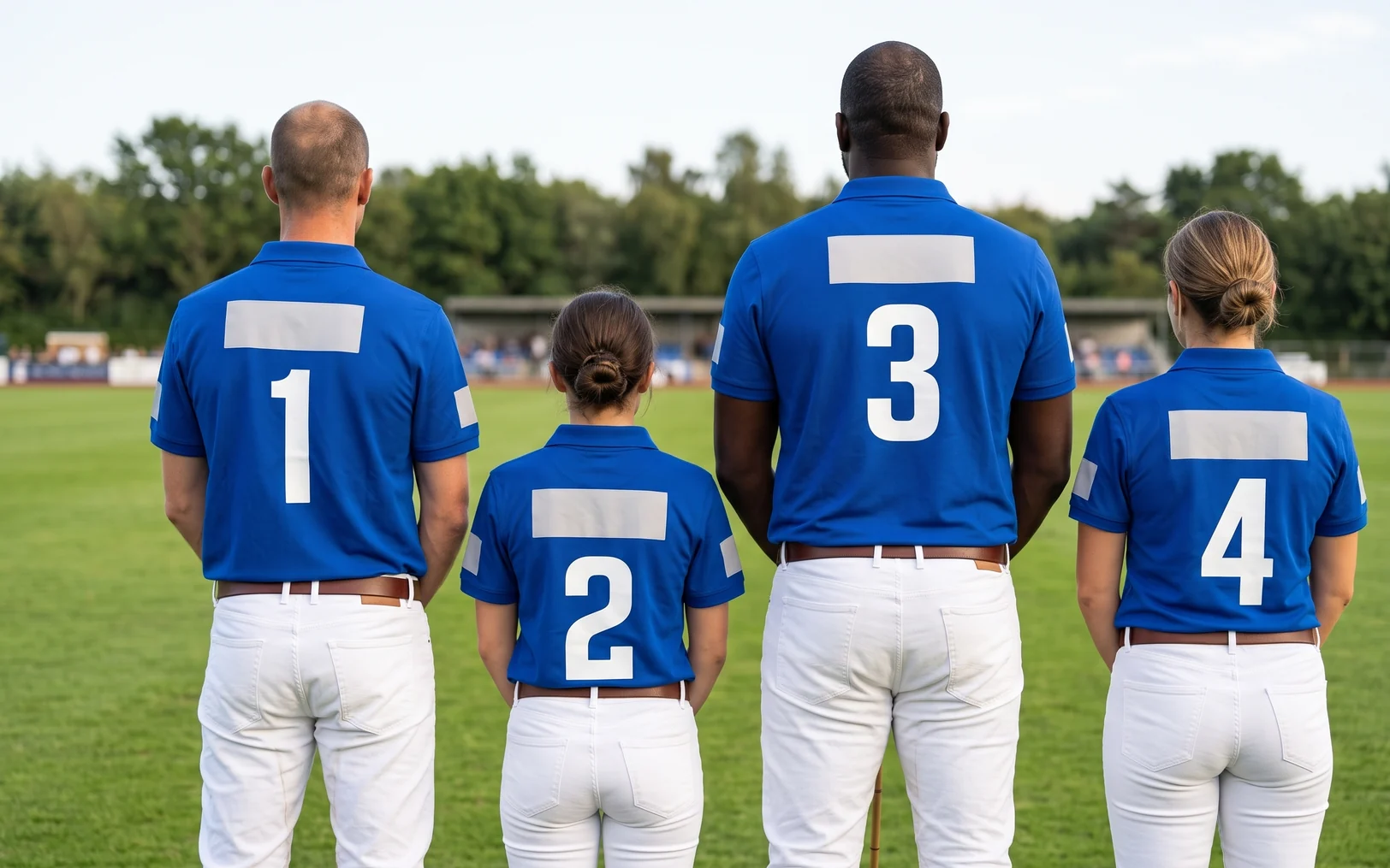 Cuatro jugadores de un equipo de polo de espaldas, con los números del 1 al 4 a la misma altura y pantalón blanco