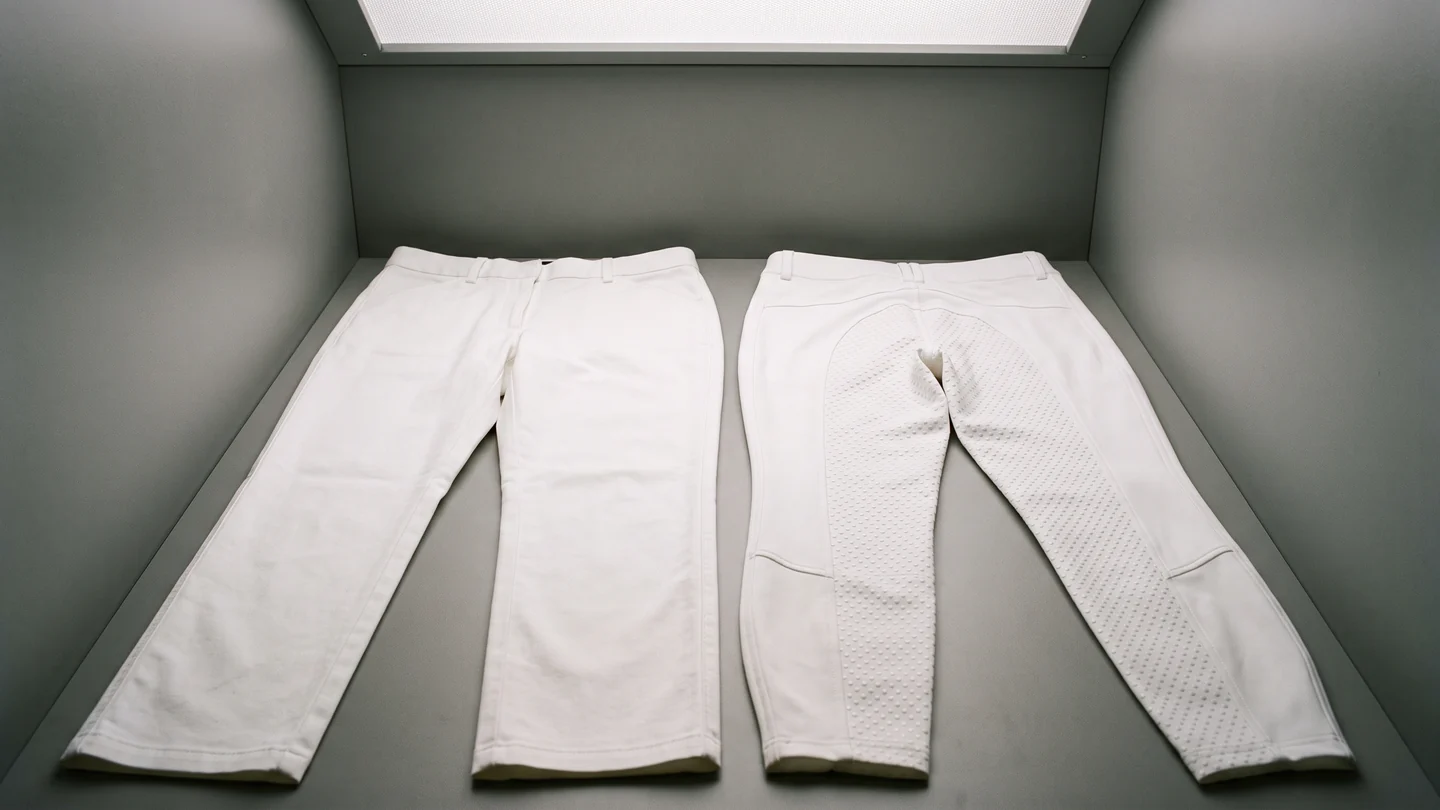 Pantalón blanco de polo junto a los breeches RE-BR-05 en la cabina de luz