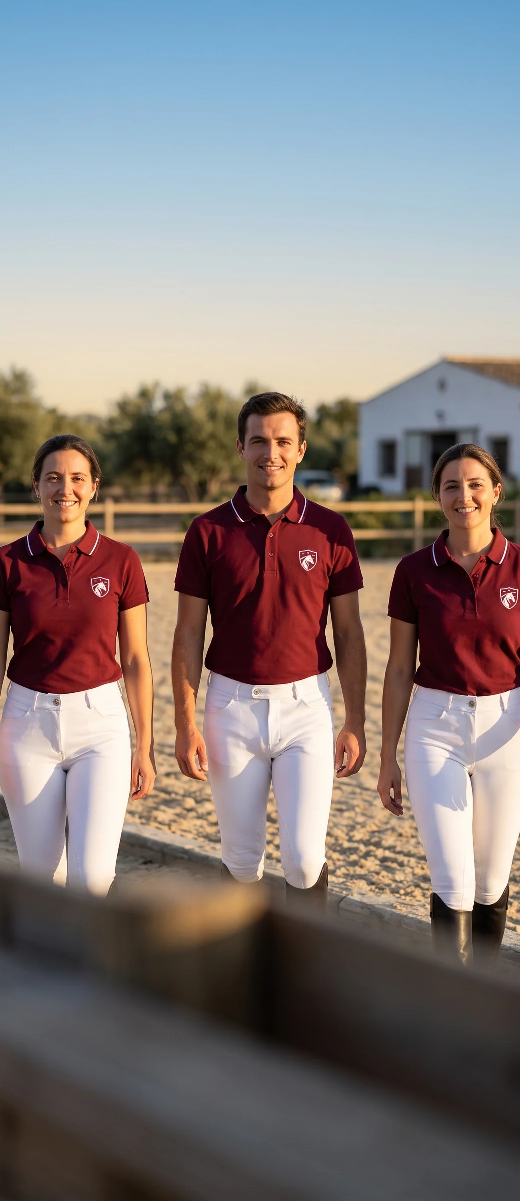 Tres jinetes de un club hípico con el mismo polo granate del club y pantalones de montar blancos