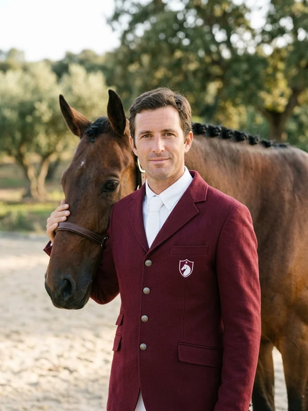 Jinete con chaqueta de concurso granate y camisa blanca