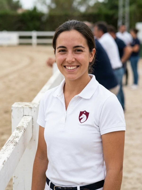 Amazona con polo de competición blanco con el escudo del club