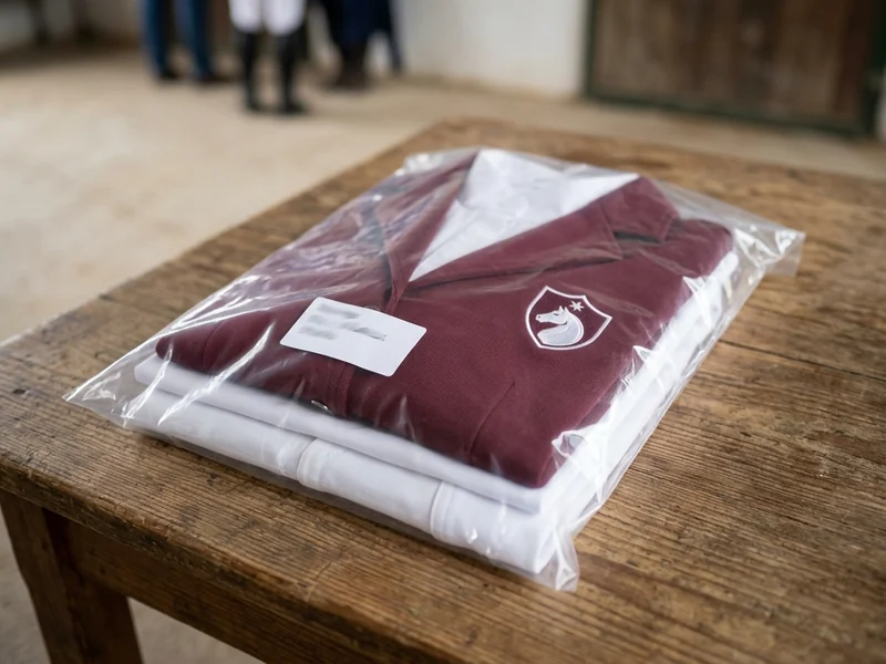 Bolsa de un jinete con la chaqueta, la camisa blanca y el pantalón de concurso
