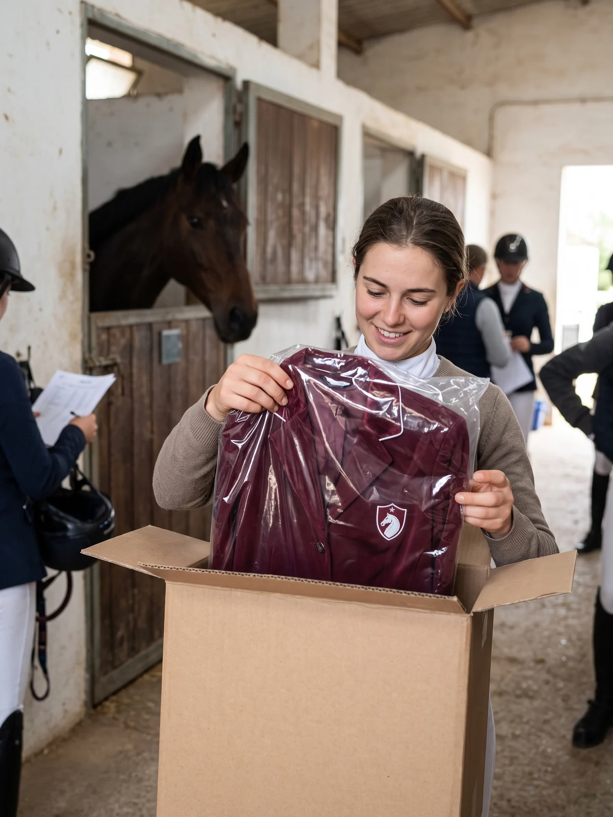 Una jinete del equipo abre la caja junto a las cuadras y saca su chaqueta de concurso