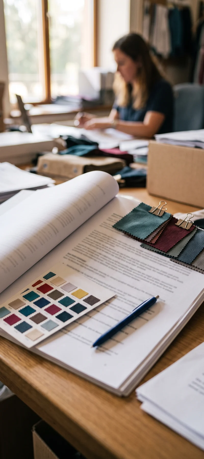 Propuesta impresa sobre la mesa junto a muestras de tejido y una carta de colores