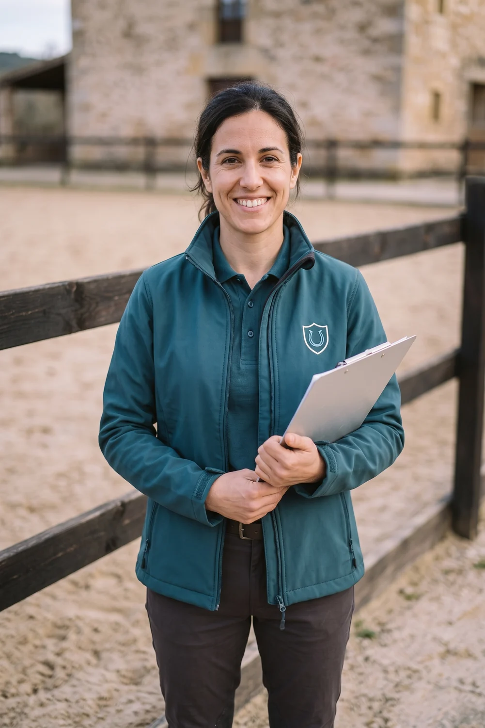 Profesora de un centro ecuestre con el softshell de la casa sobre el polo de trabajo, junto a la pista