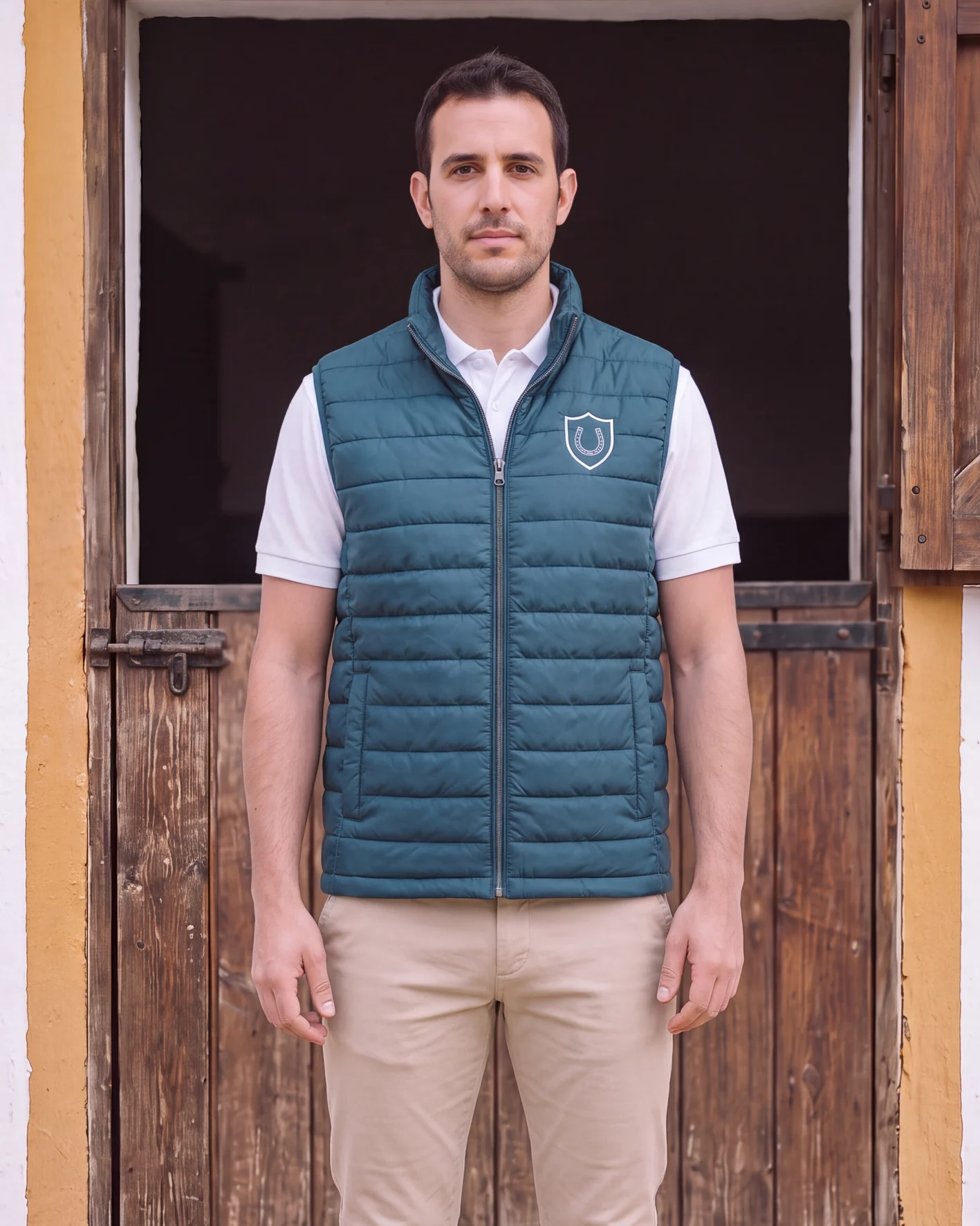 El mismo empleado, en el mismo sitio, con el uniforme de presentación: polo blanco, chaleco de la casa y pantalón beige